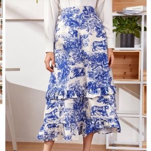 Landscape Printed Blue Ruffle Maxi Skirt Medium NWOT